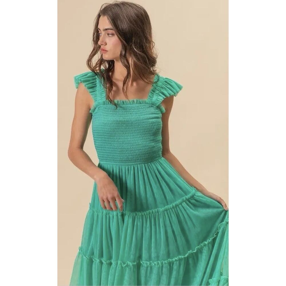 Bibi Smocked Tulle Tiered Jade Green Maxi Dress XL Cocktail Formal - Picture 2 of 8